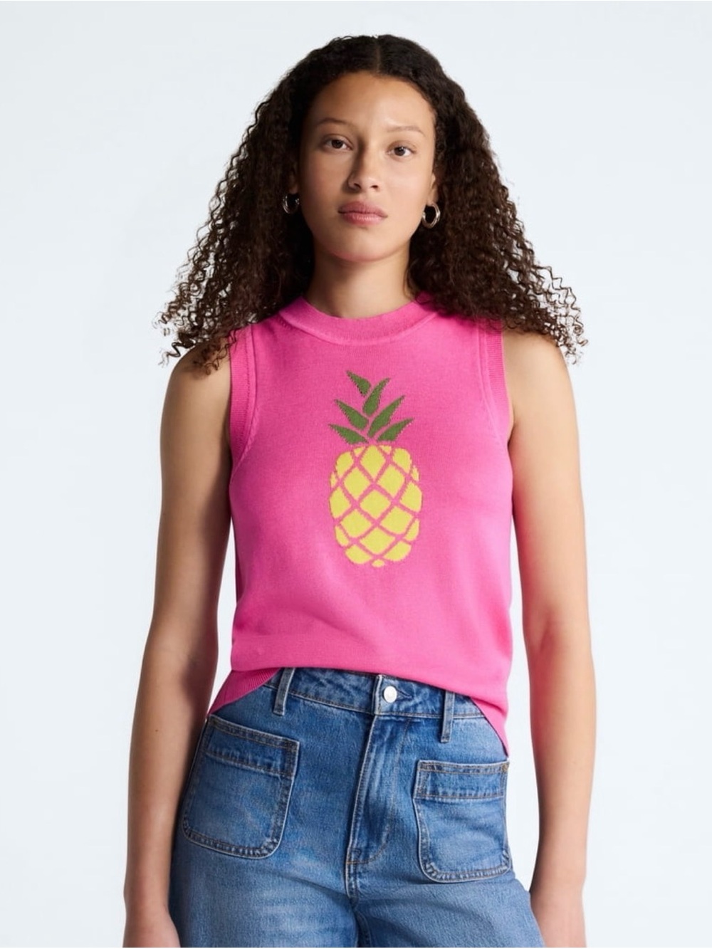 Bright Pink Sleeveless Knit Tank with Pineapple Motif